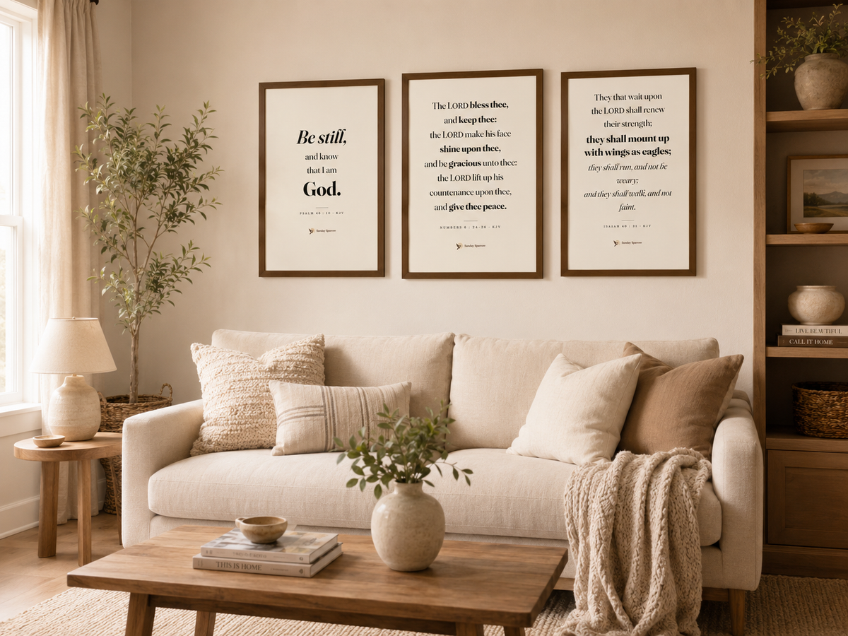 Framed 3-set on a nursery wall — Wings As Eagles with I Can Do All Things and Be Still, oak finish wood frames