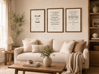 Framed 3-set on a nursery wall — The Benediction with Be Still and Wings As Eagles, oak finish wood frames