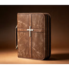 Bible Cover with Handle in brown faux leather with a metal cross
