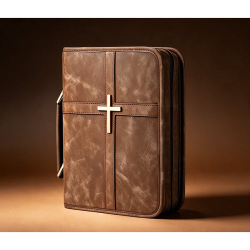 Bible Cover with Handle in brown faux leather with a metal cross
