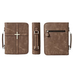 Bible Cover with Handle, front, spine with carry handle, and back with zip pocket