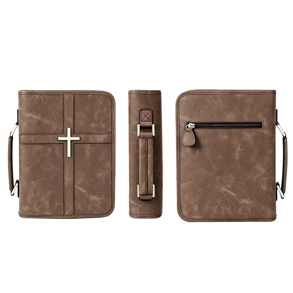 Bible Cover with Handle, front, spine with carry handle, and back with zip pocket