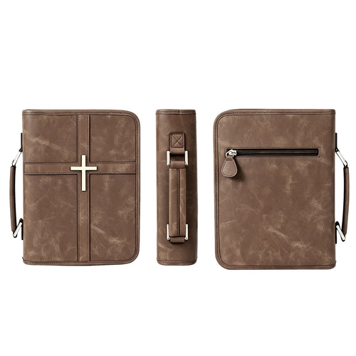 Bible Cover with Handle, front, spine with carry handle, and back with zip pocket