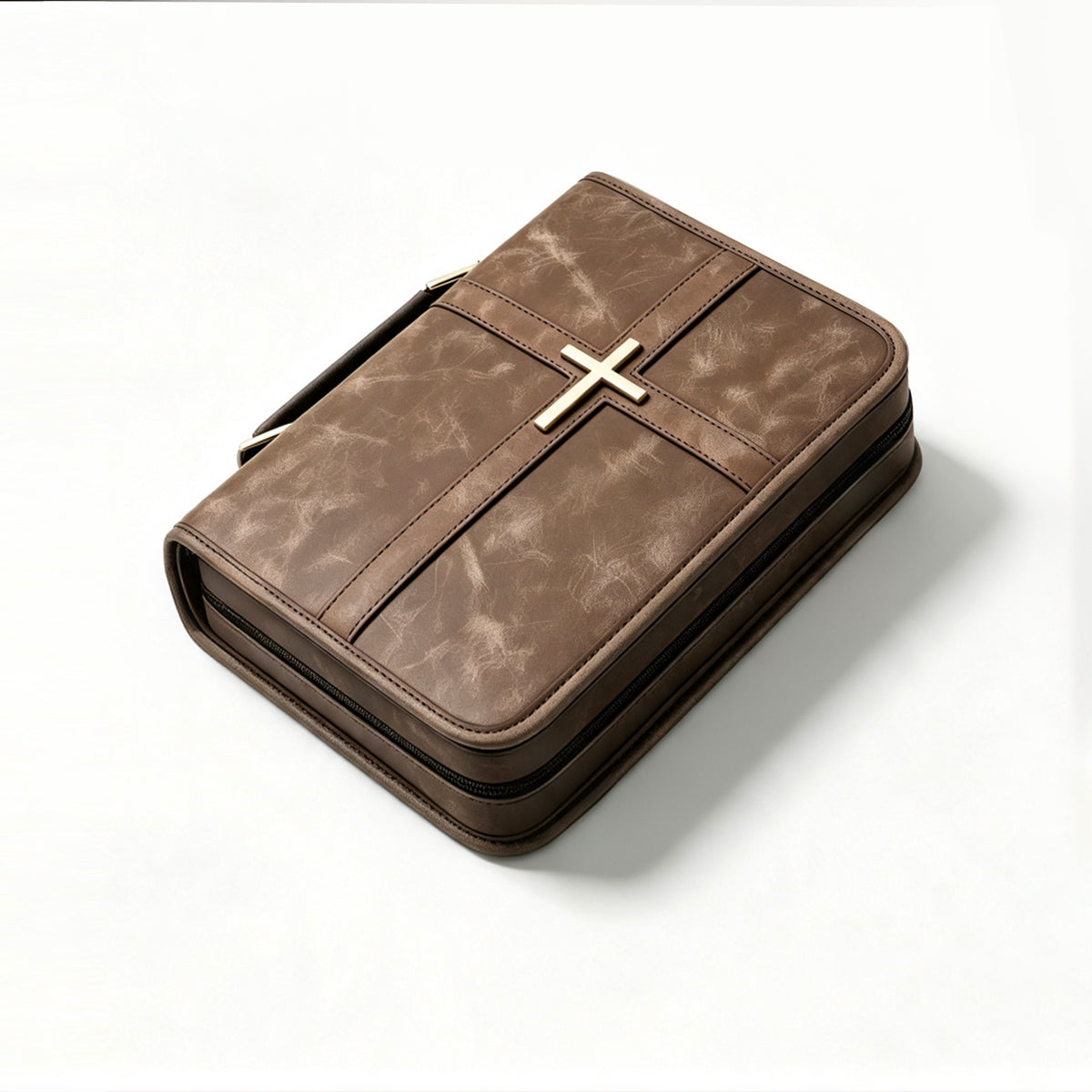 Bible Cover with Handle, brown, angled view showing the full zip