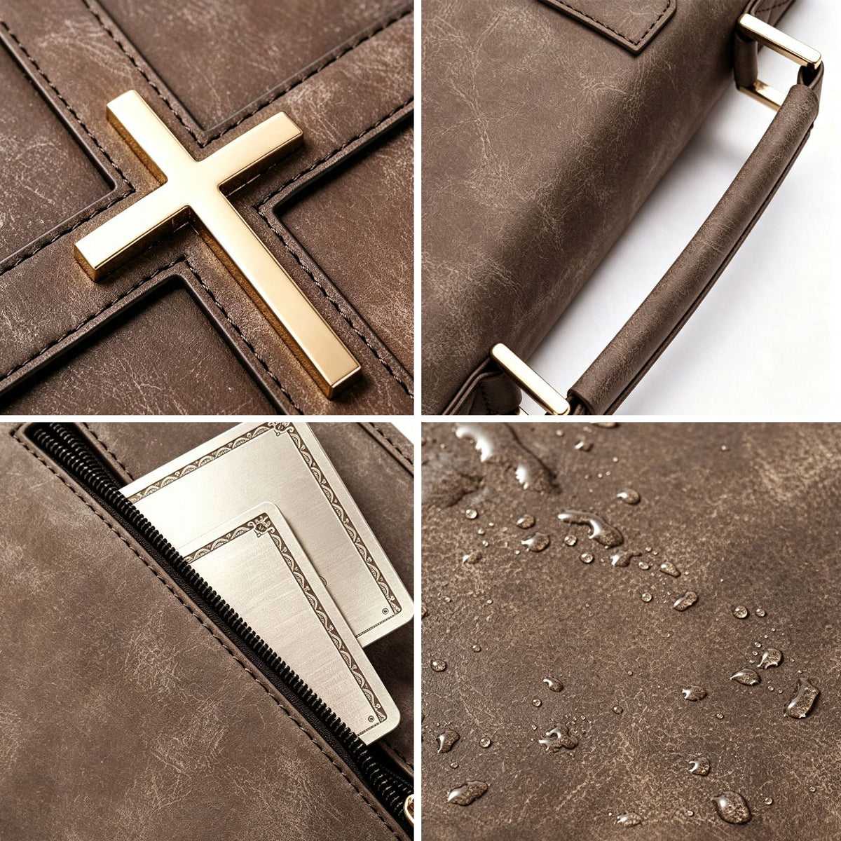 Bible Cover with Handle details: metal cross, handle, zip pocket, water beading on the faux leather