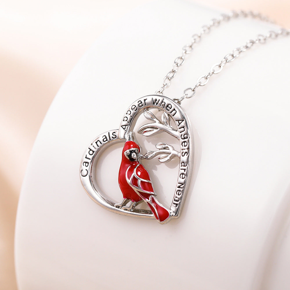 Cardinal Pendant Necklace, red cardinal in a silver tone heart engraved Cardinals Appear when Angels are Near