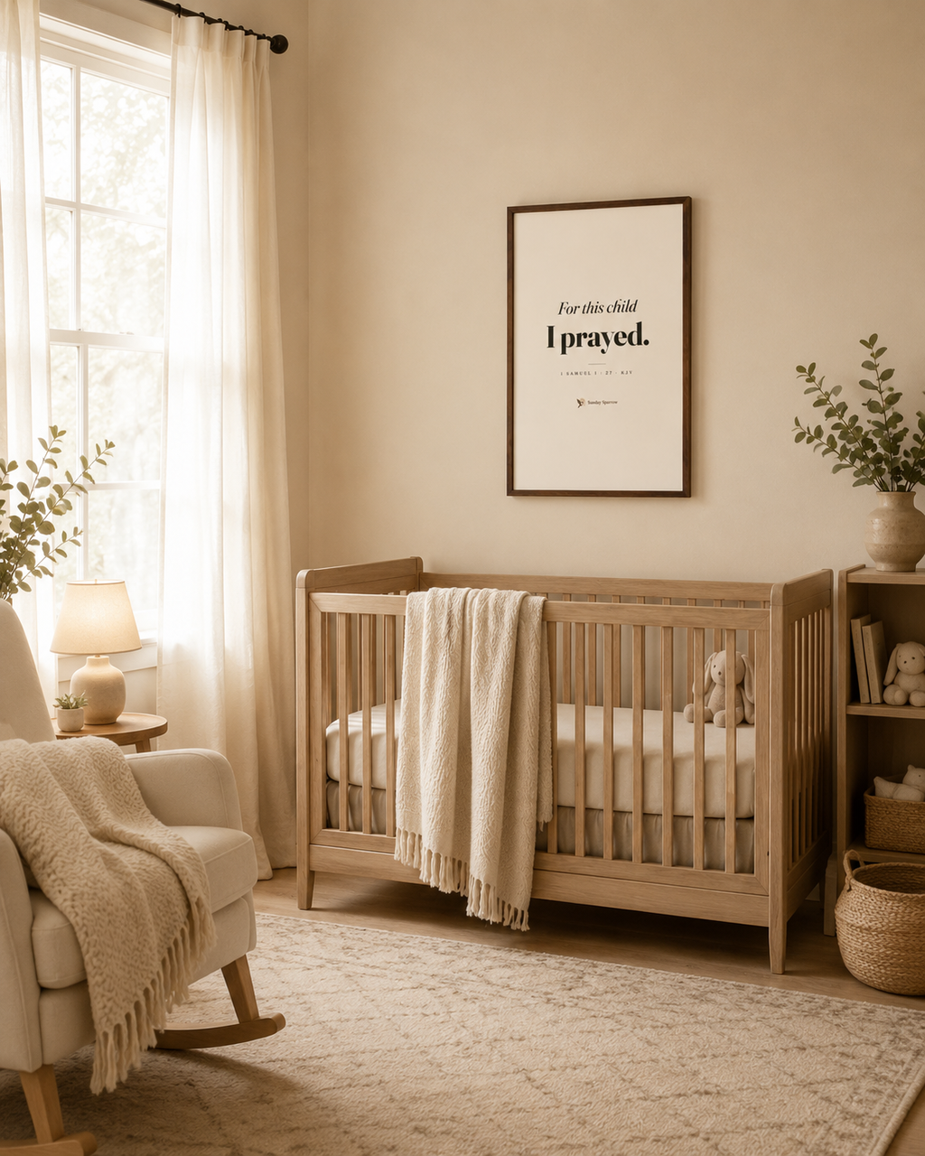 For This Child I Prayed framed print above a crib in a soft, sunlit nursery