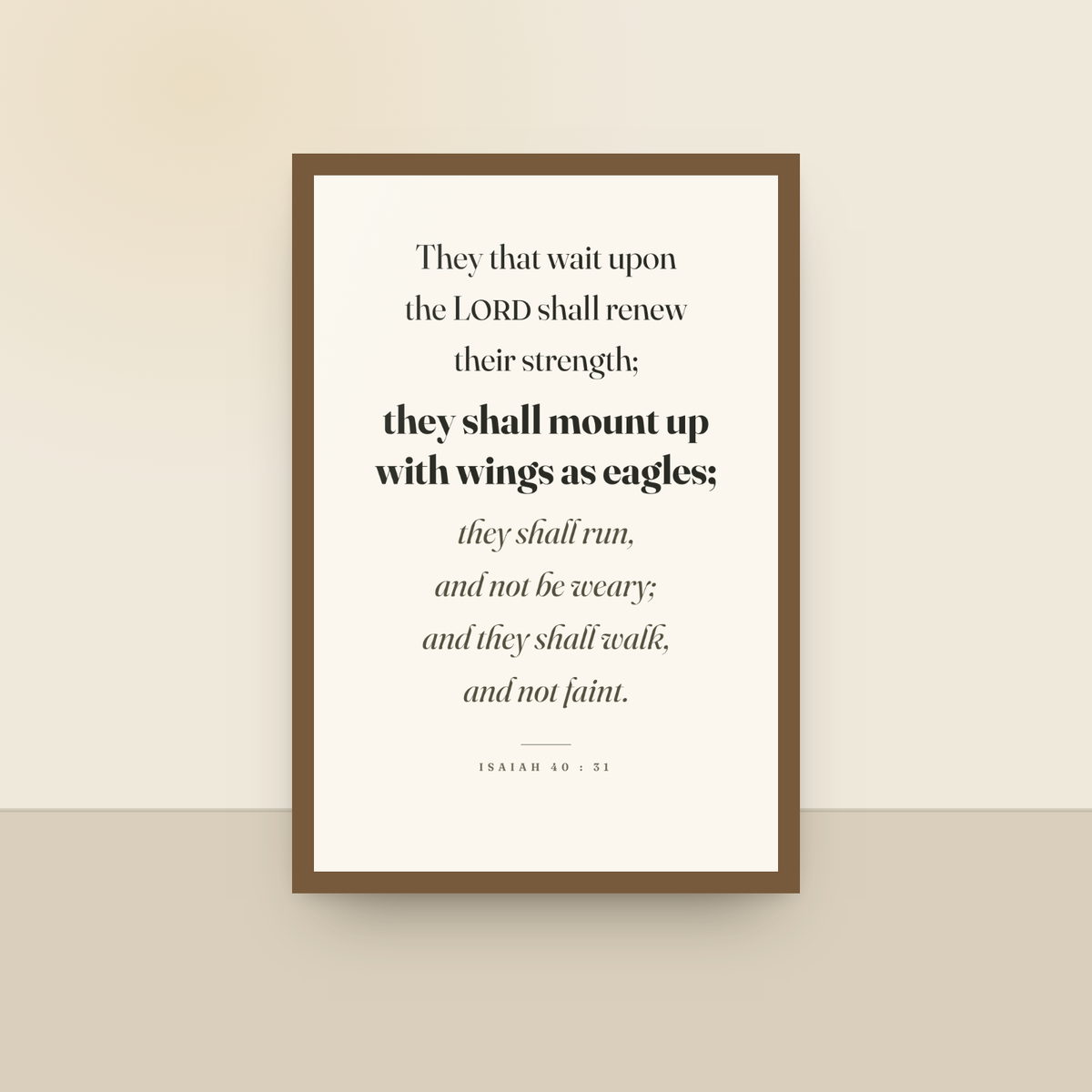 Wings As Eagles (Isaiah 40:31), King James scripture art print in an oak finish wood frame, hanging on a wall
