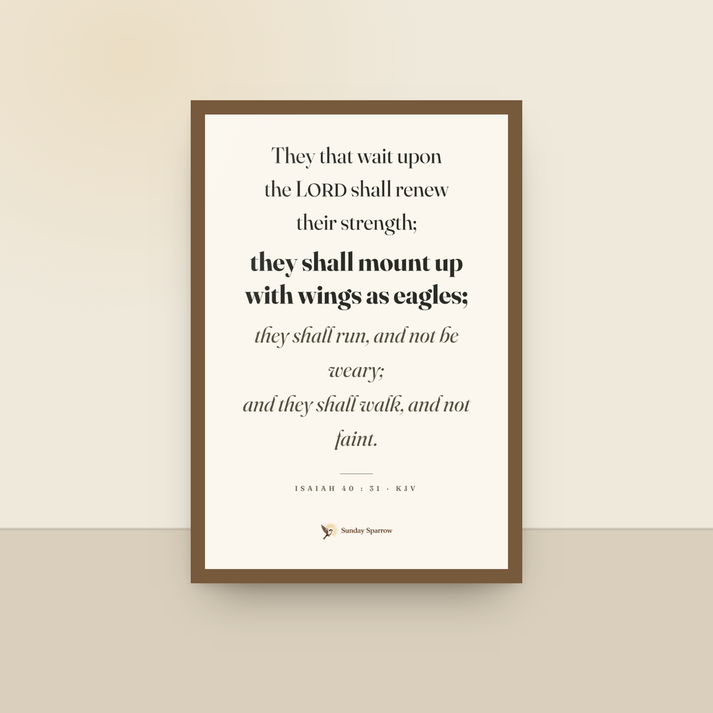 Wings As Eagles (Isaiah 40:31) — King James scripture art print in a oak finish wood frame, hanging on a wall