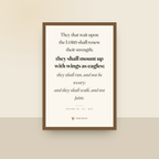 Wings As Eagles (Isaiah 40:31) — King James scripture art print in a oak finish wood frame, hanging on a wall