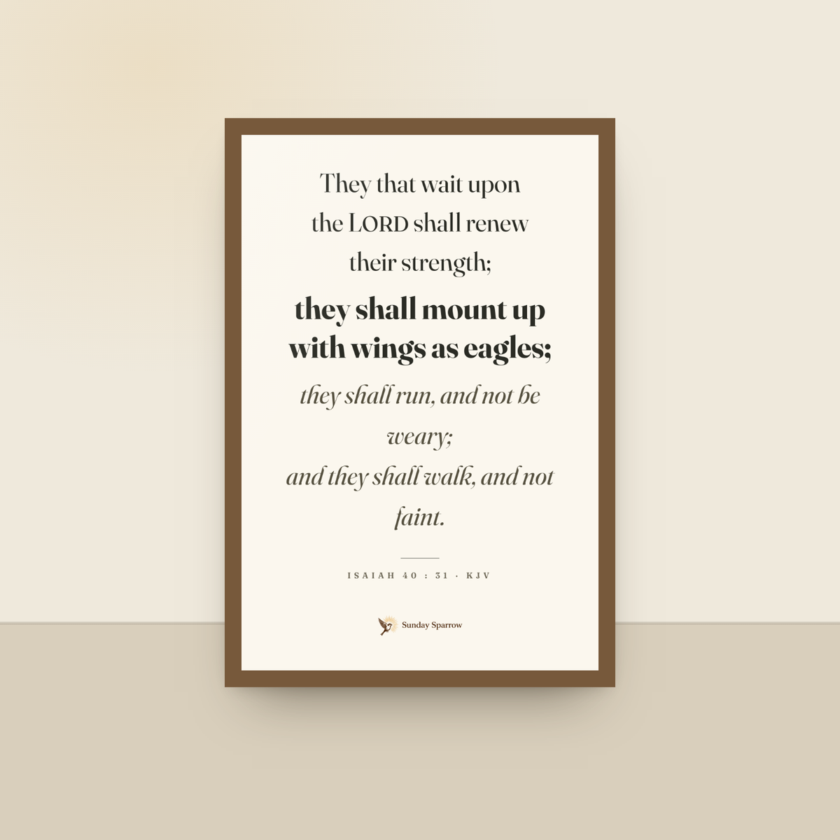 Wings As Eagles (Isaiah 40:31) — King James scripture art print in a oak finish wood frame, hanging on a wall