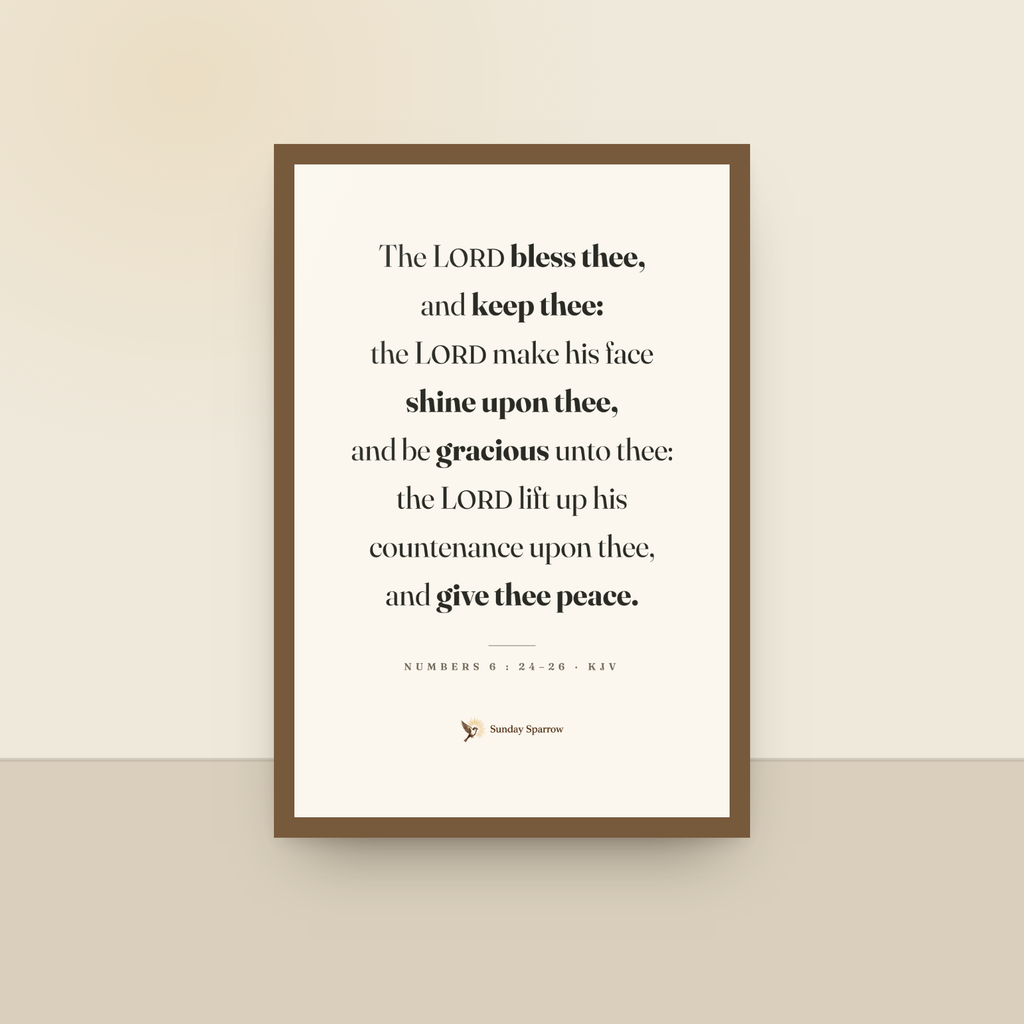 The Benediction (Numbers 6:24–26) — King James scripture art print in a oak finish wood frame, hanging on a wall