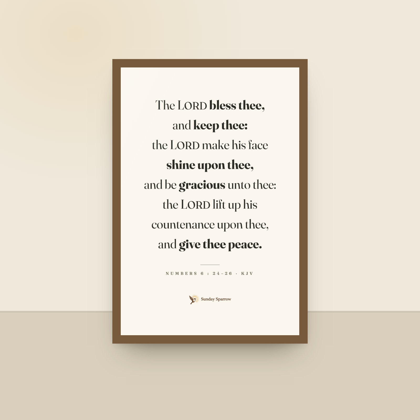 The Benediction (Numbers 6:24–26) — King James scripture art print in a oak finish wood frame, hanging on a wall
