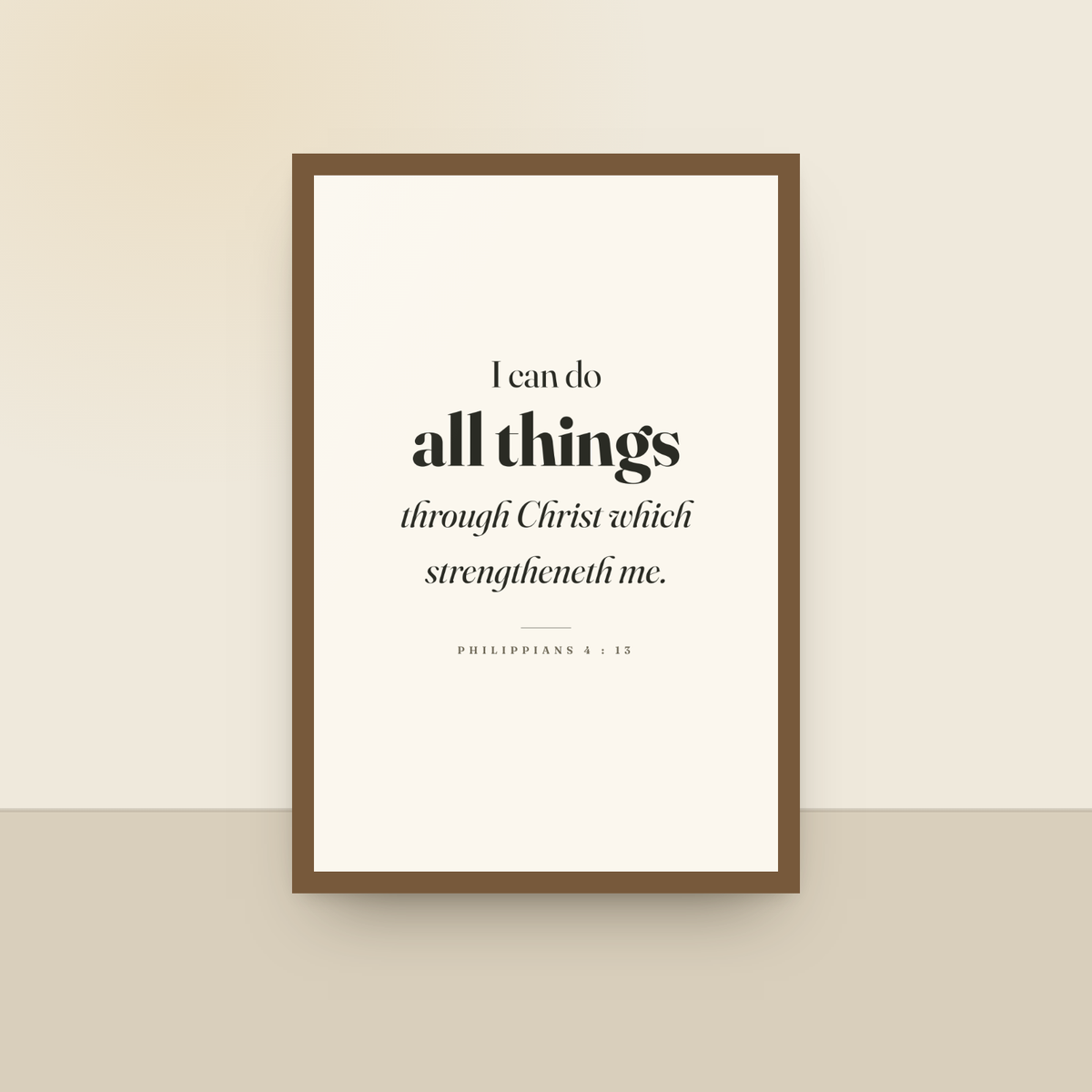 I Can Do All Things (Philippians 4:13), King James scripture art print in an oak finish wood frame, hanging on a wall