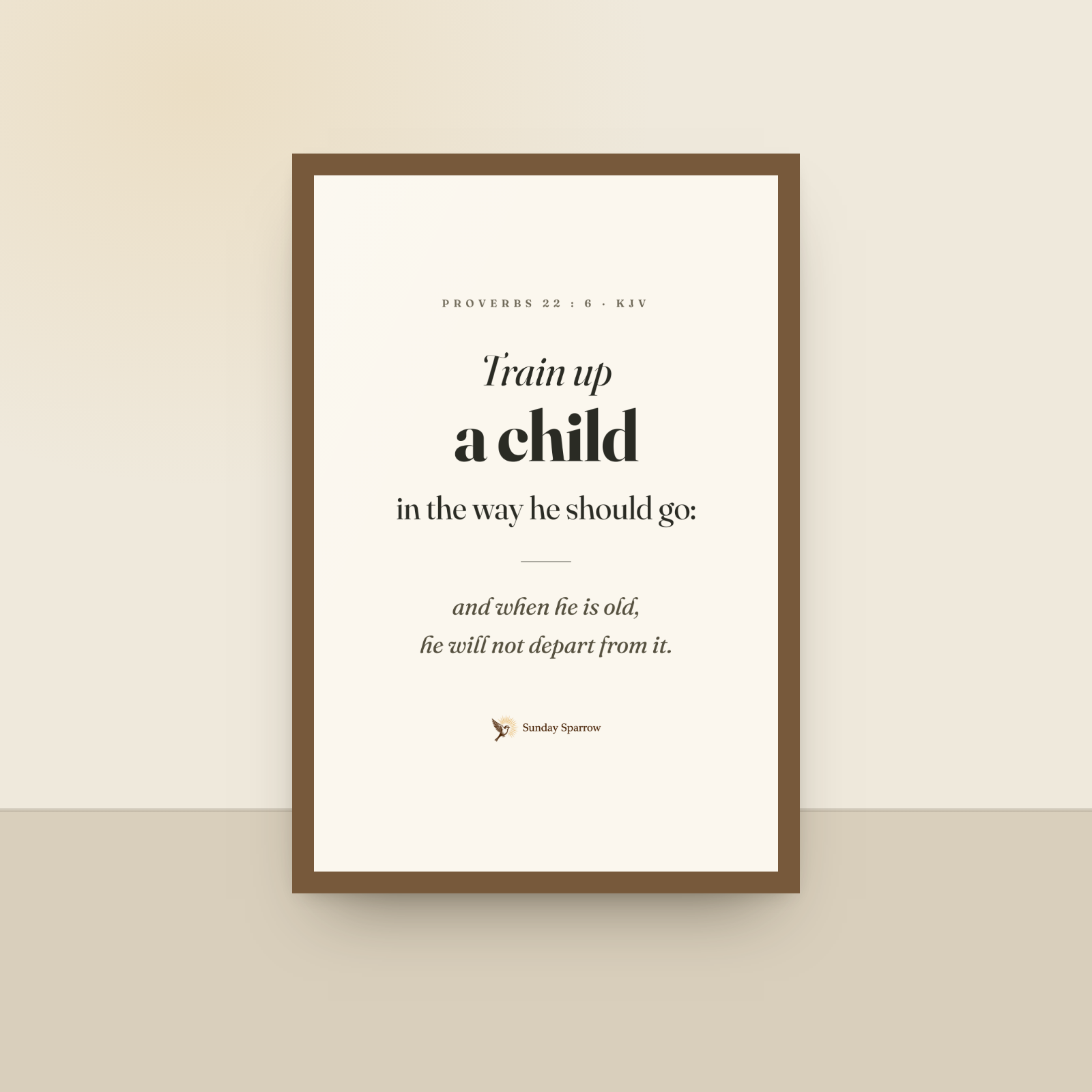 Train Up A Child (Proverbs 22:6) — King James scripture art print in a oak finish wood frame, hanging on a wall