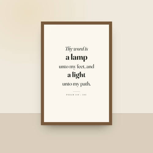 A Lamp Unto My Feet (Psalm 119:105), King James scripture art print in an oak finish wood frame, hanging on a wall