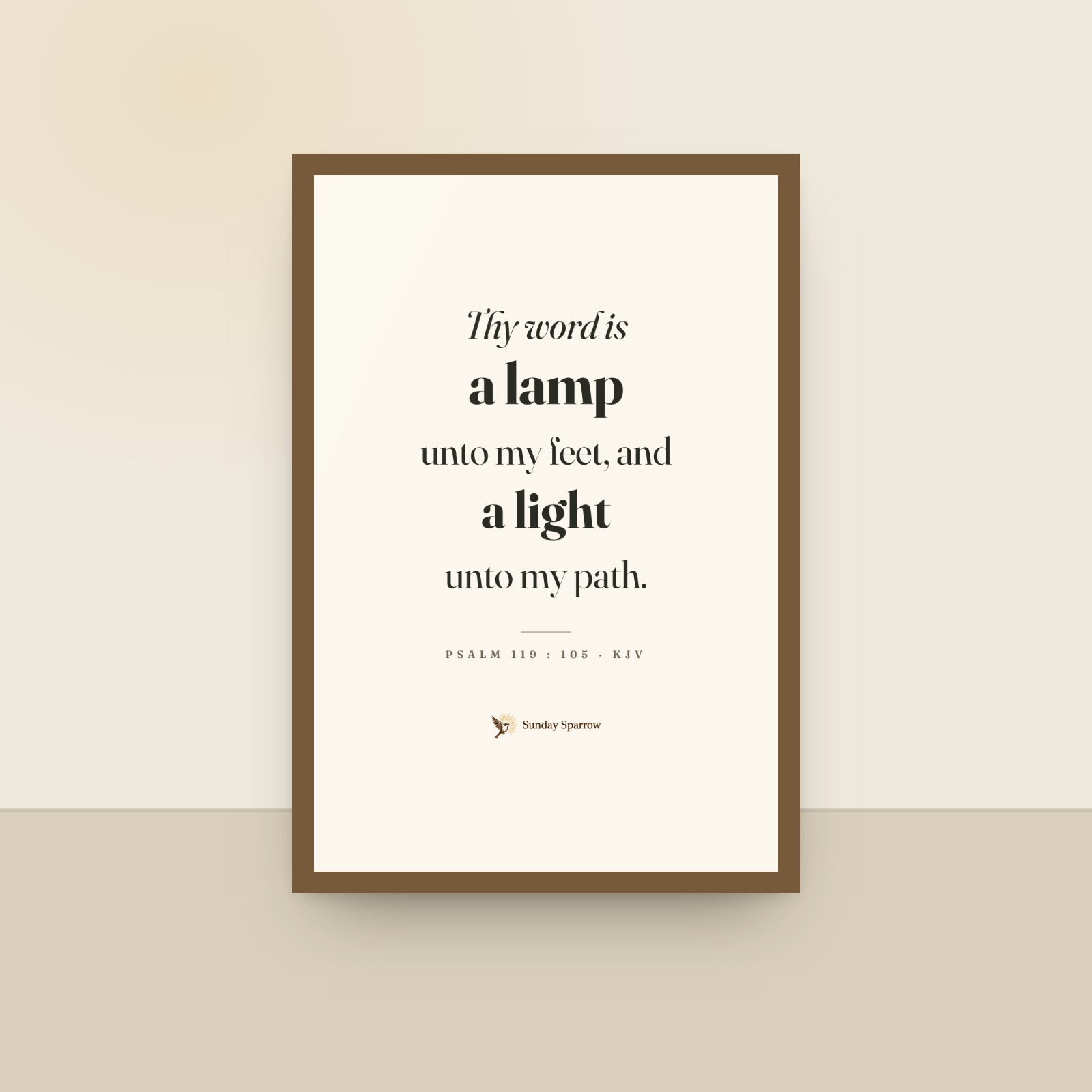 A Lamp Unto My Feet (Psalm 119:105) — King James scripture art print in a oak finish wood frame, hanging on a wall