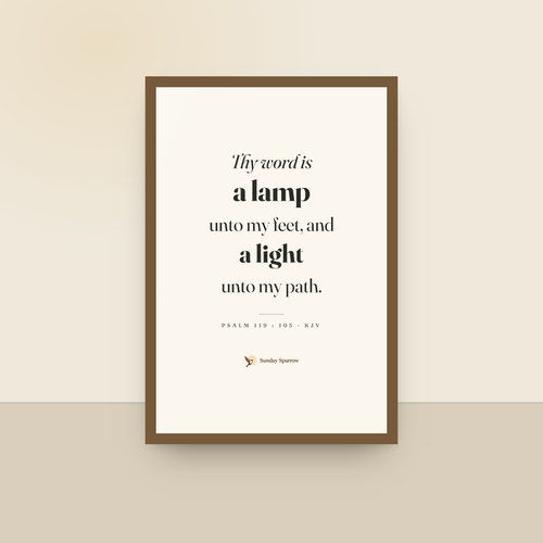A Lamp Unto My Feet (Psalm 119:105) — King James scripture art print in a oak finish wood frame, hanging on a wall