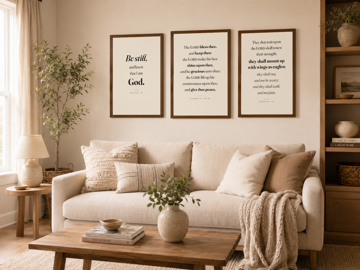 Be Still, The Benediction and Wings As Eagles in oak finish wood frames above a sofa