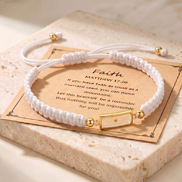 Seed of Faith Bracelet, white braided cord with a real mustard seed sealed in a small rectangular frame, on the maker's Faith card