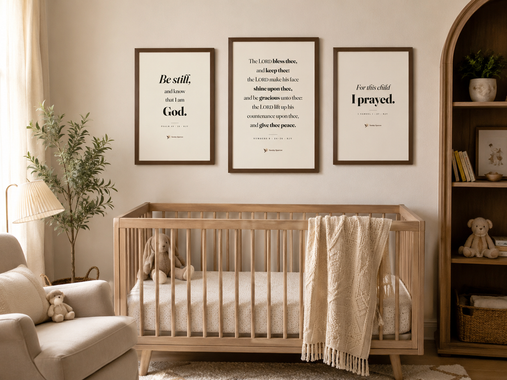 Framed 3-set on a nursery wall — The Benediction with Be Still and Wings As Eagles, oak finish wood frames