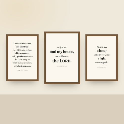 Framed set of 3 on a nursery wall, As For Me And My House with The Benediction and A Lamp Unto My Feet, oak finish wood frames