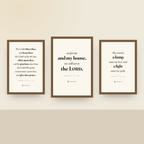 Framed 3-set on a nursery wall — As For Me And My House with The Benediction and A Lamp Unto My Feet, oak finish wood frames