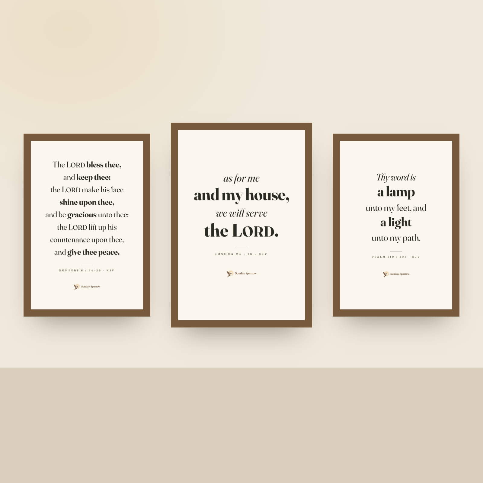 Framed 3-set on a nursery wall — As For Me And My House with The Benediction and A Lamp Unto My Feet, oak finish wood frames