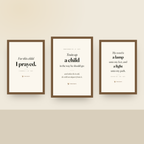 Framed 3-set on a nursery wall — Train Up A Child with For This Child I Prayed and A Lamp Unto My Feet, oak finish wood frames