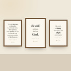 Framed 3-set on a nursery wall — Be Still with The Benediction and A Lamp Unto My Feet, oak finish wood frames